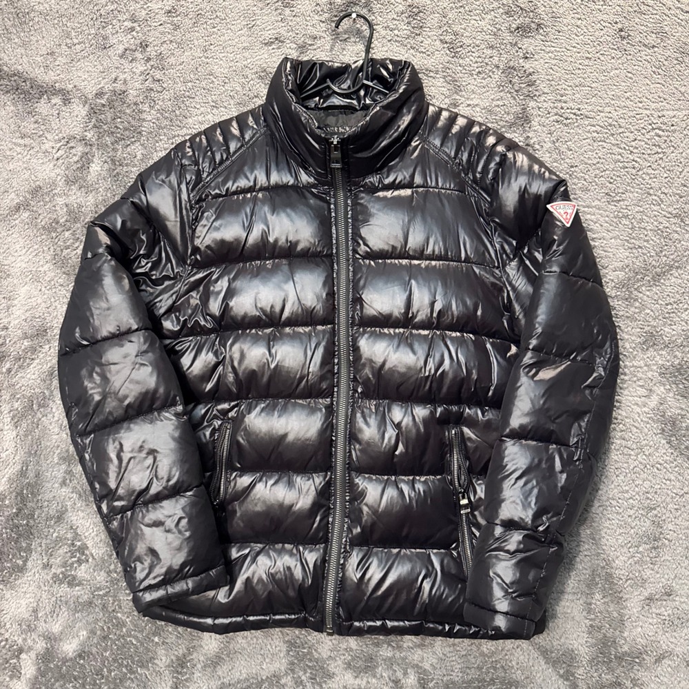 Guess Mens Black Shiny Puffer Jacket Quilted Zip Up Coat Large Logo Patch